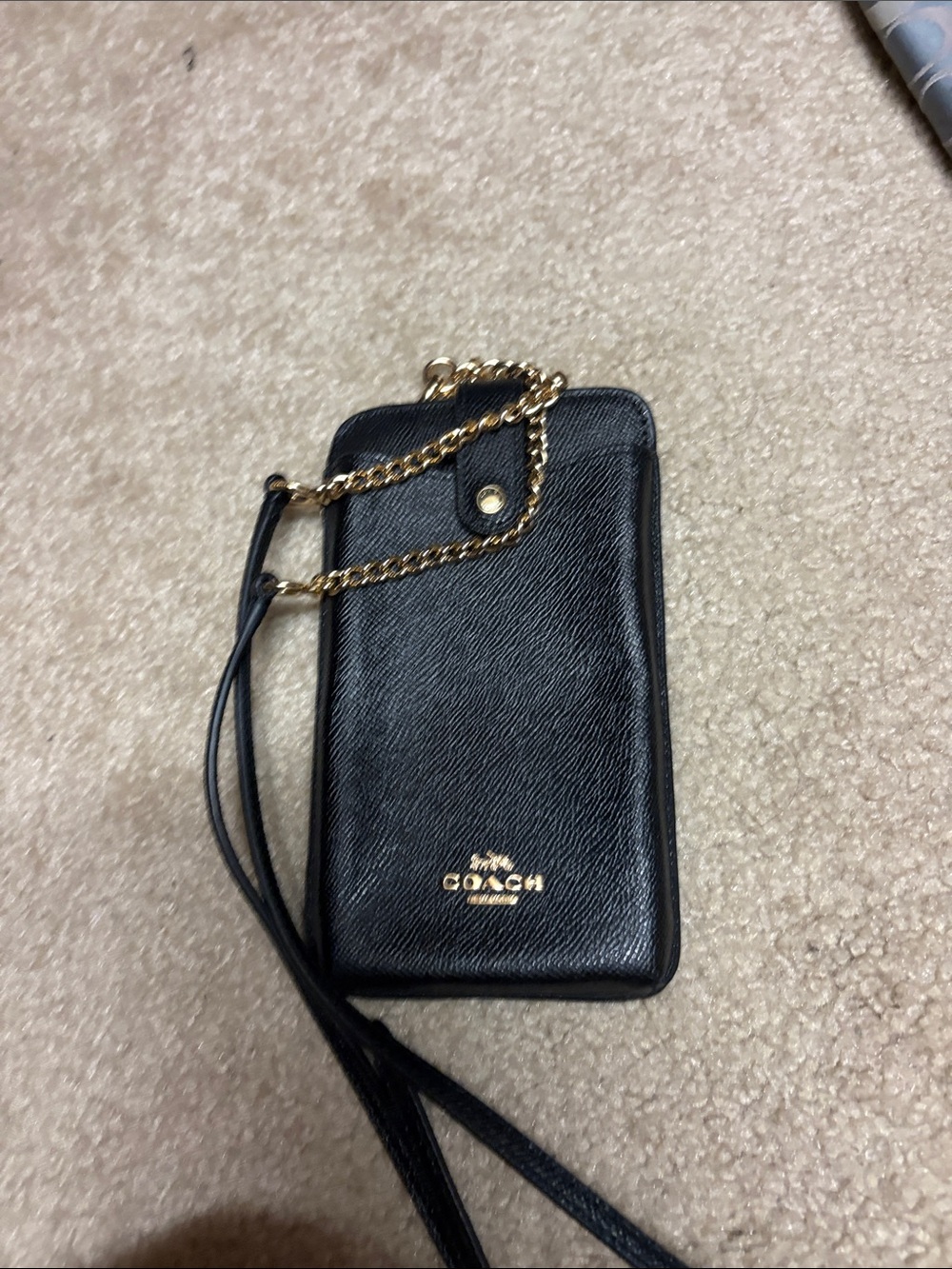 Coach Black Leather Phone Crossbody with Gold Chain Accent